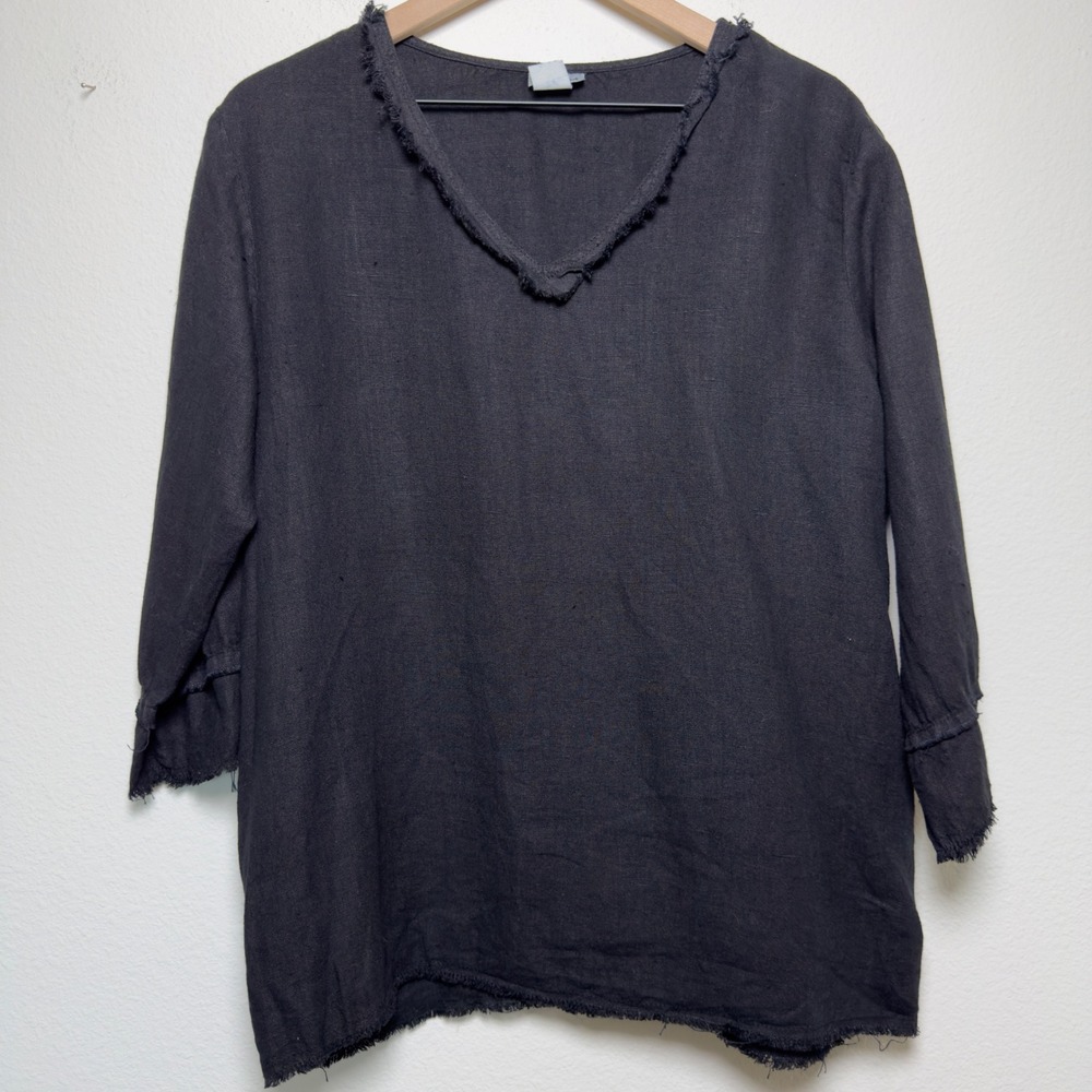 Match Point Women 100% Linen Tunic Top Medium Black V-Neck Frayed Lagenlook Art